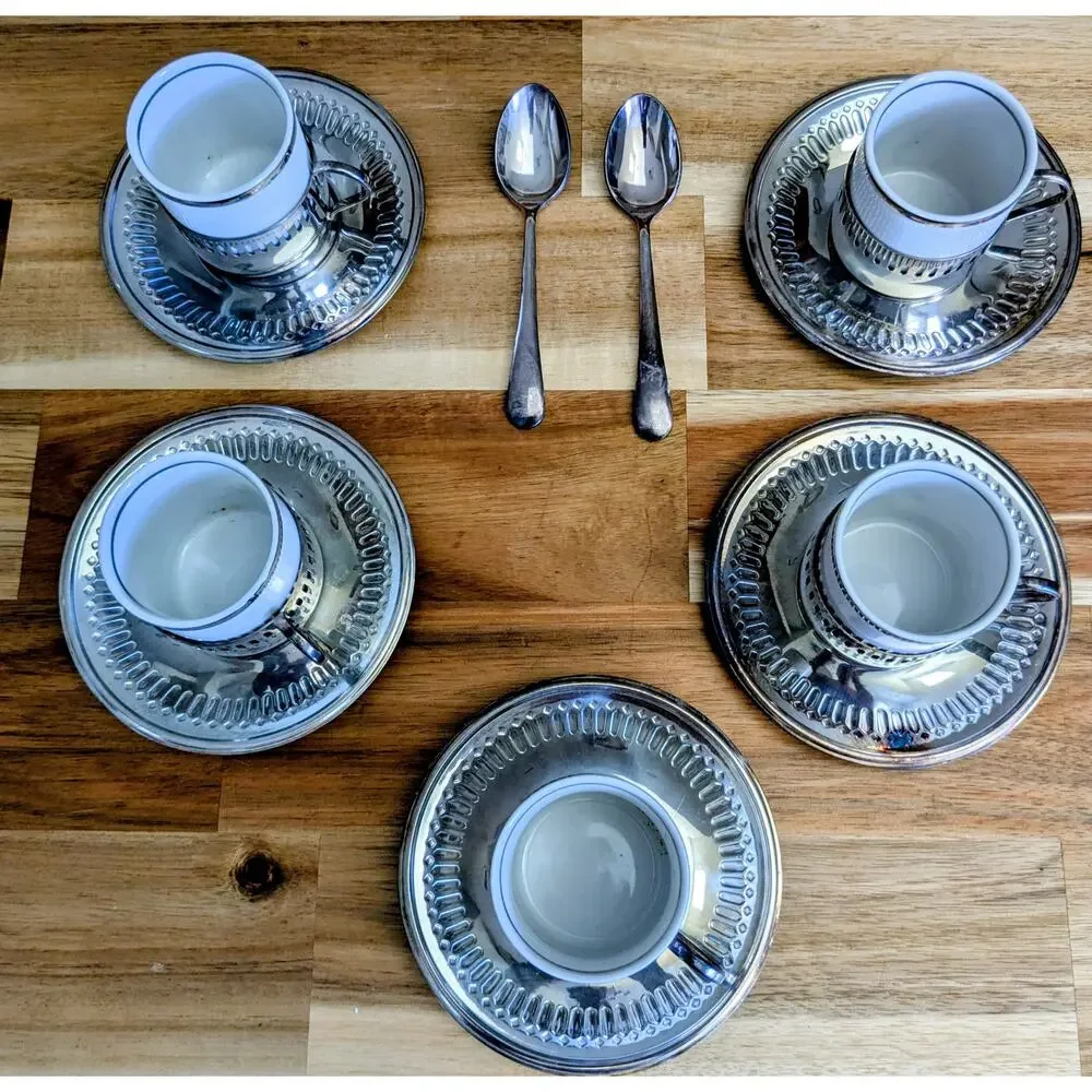 Vintage Silver Plated Demitasse Espresso Cup Set of 5 Saucers Porcelain Japan
